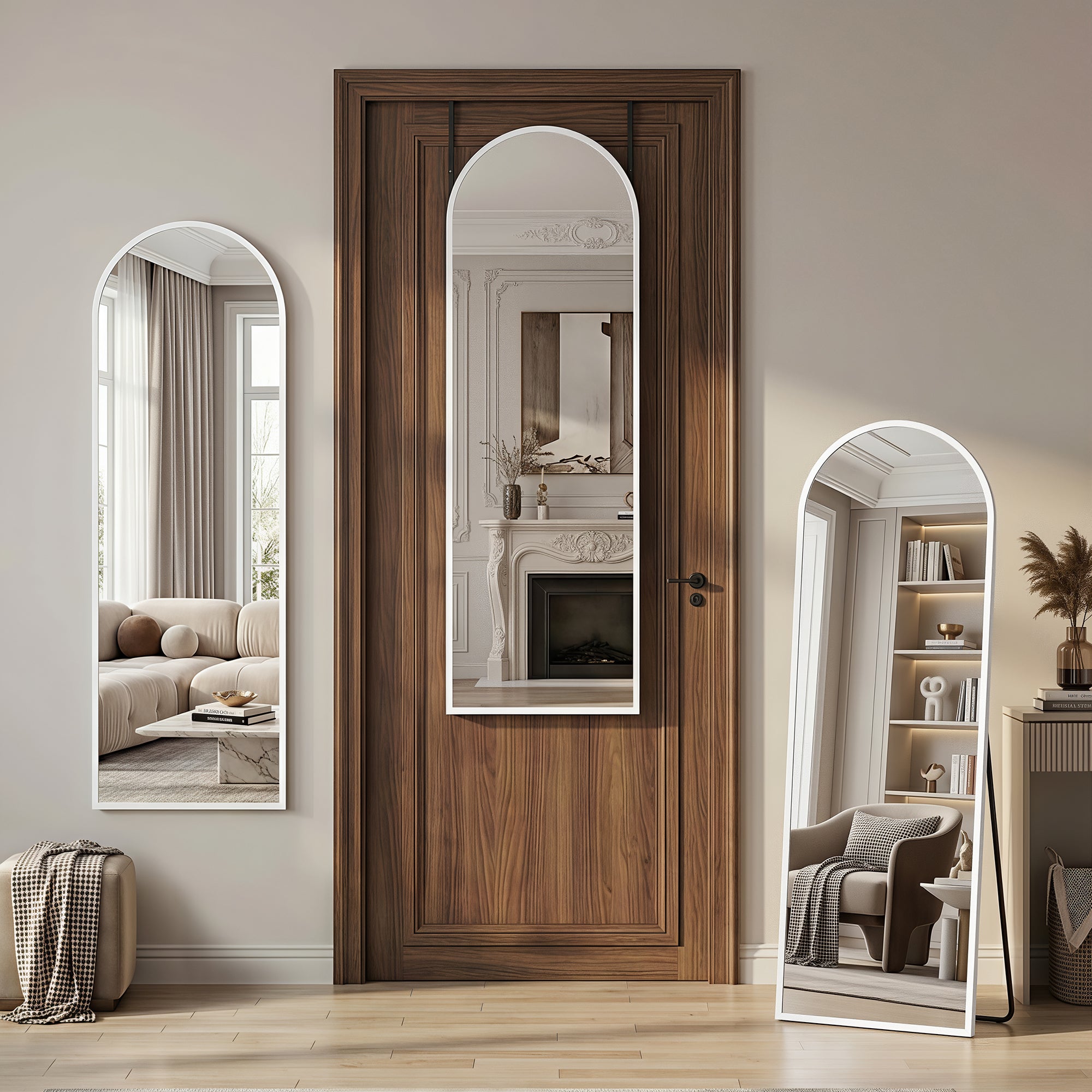 Cuteday 48"x14" Over The Door Mirror Full Length, Floor Free Standing Mirror, Wall Mounted Shatterproof Aluminum Frame Round Corner Mirror,Black
