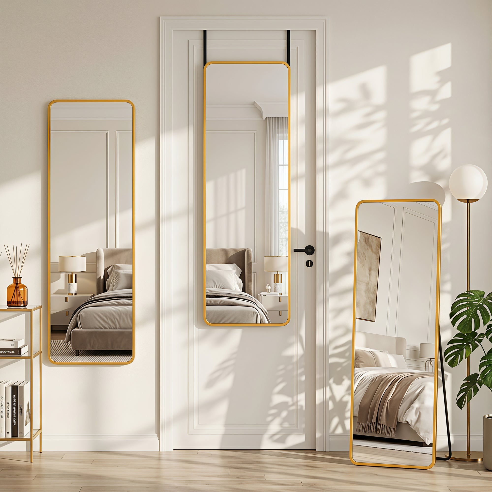 Cuteday 48"x14" Over The Door Mirror Full Length, Floor Free Standing Mirror, Wall Mounted Shatterproof Aluminum Frame Round Corner Mirror,Black