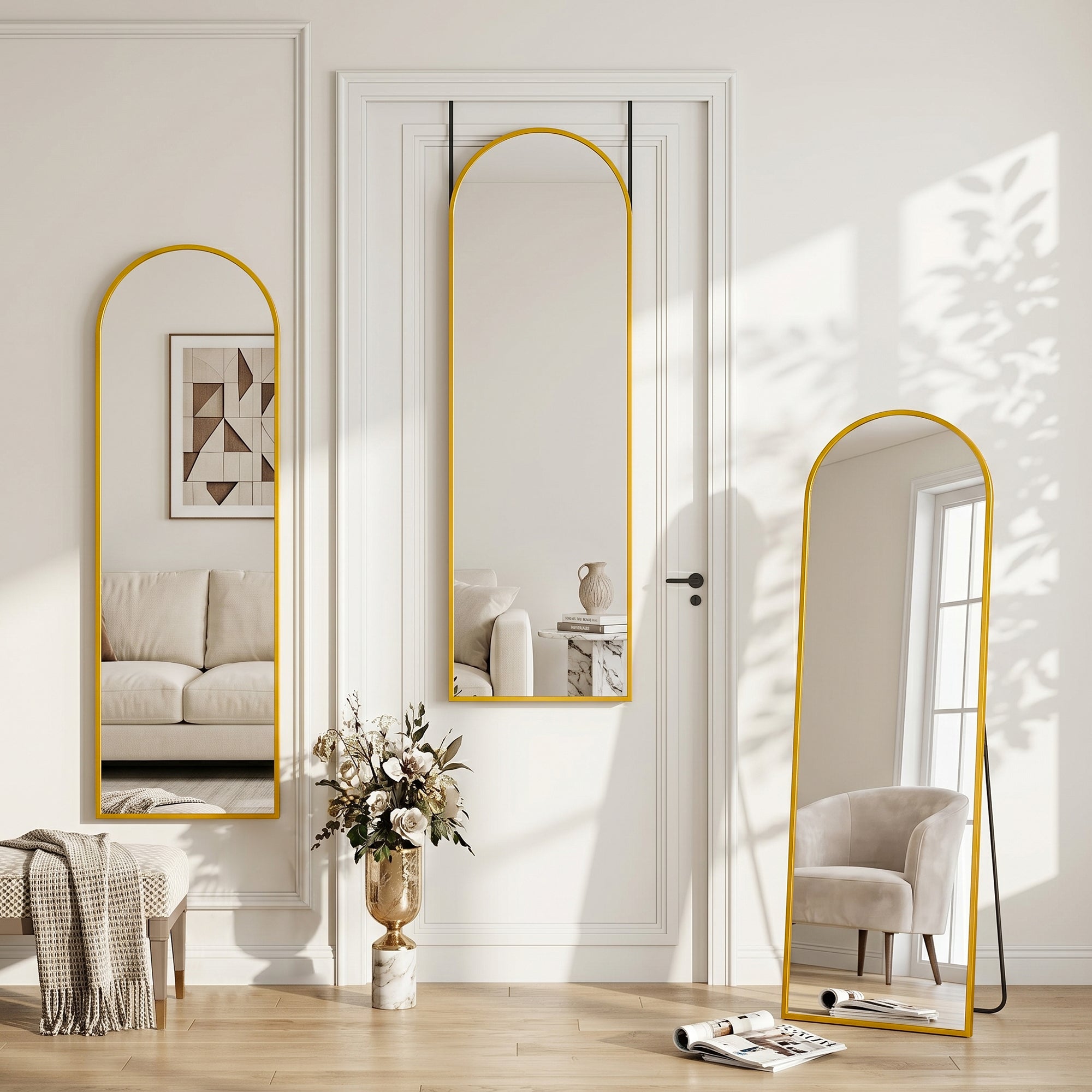 Cuteday 48"x14" Over The Door Mirror Full Length, Floor Free Standing Mirror, Wall Mounted Shatterproof Aluminum Frame Round Corner Mirror,Black