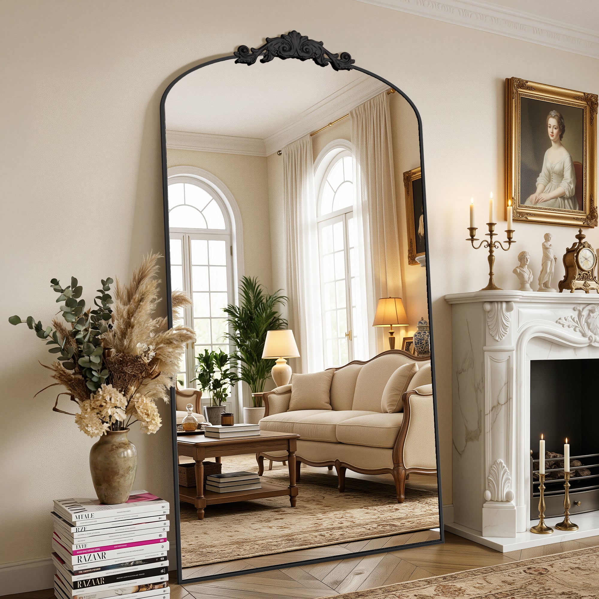 Cuteday Arched Full Length Mirror Metal Vintage Mirror Baroque Style