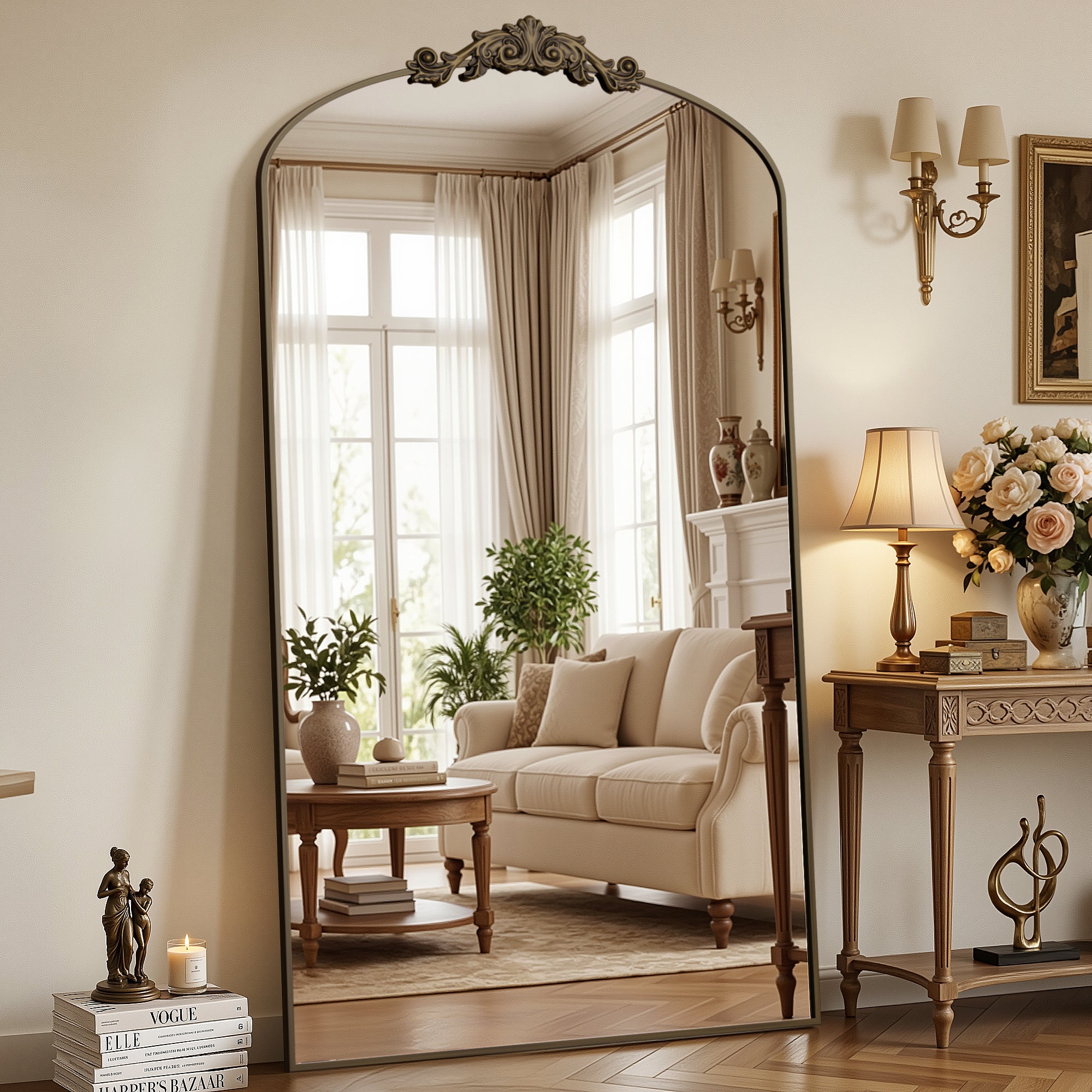 Cuteday Arched Full Length Mirror Metal Vintage Mirror Baroque Style