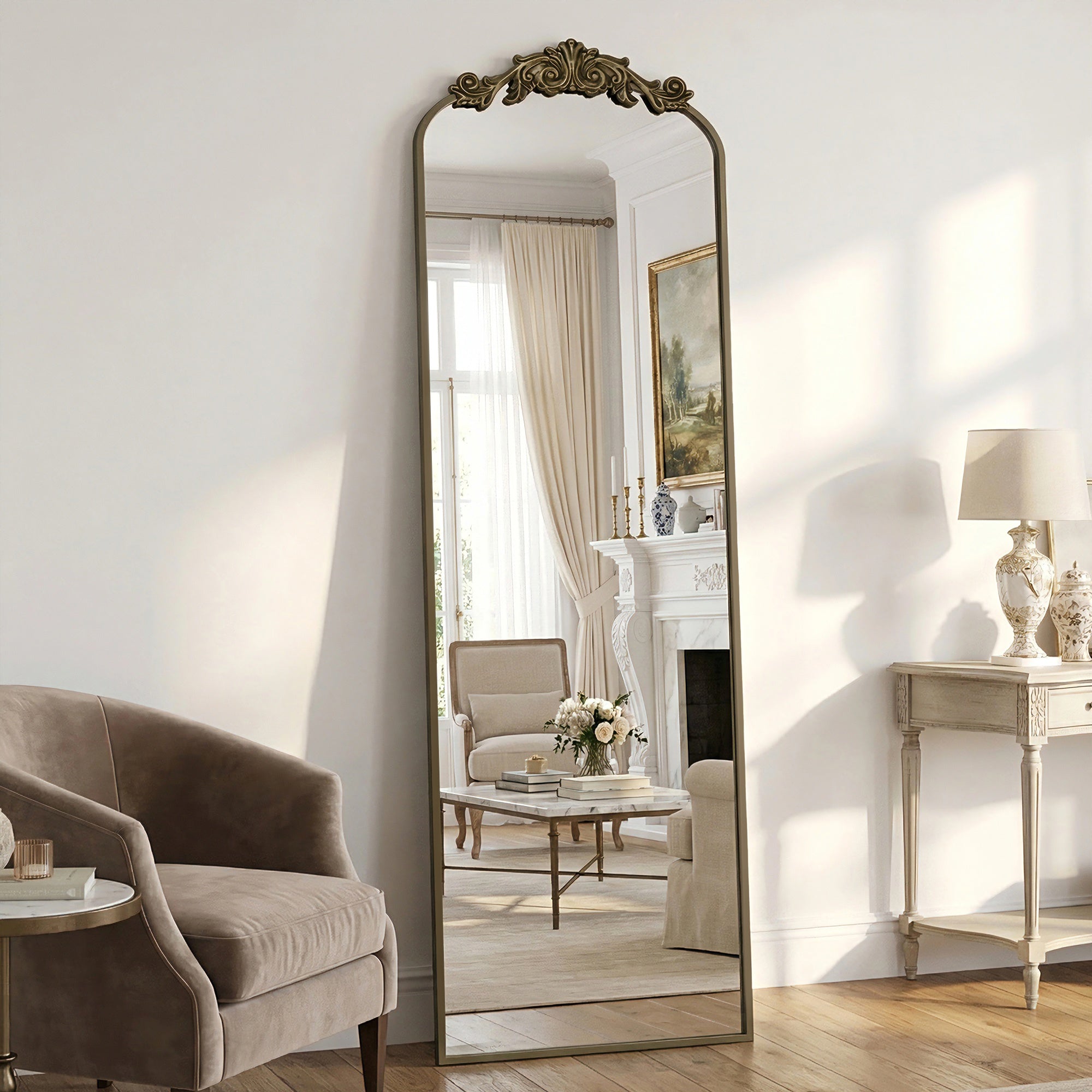 Cuteday Arched Full Length Mirror Metal Vintage Mirror Baroque Style