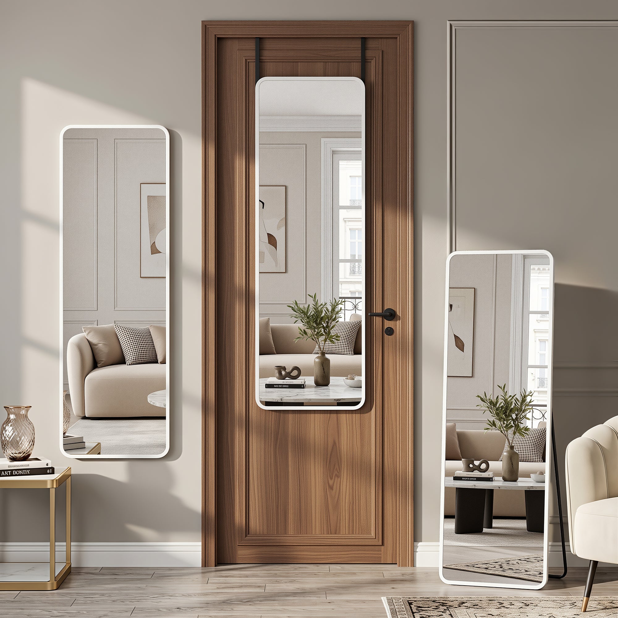 Cuteday 48"x14" Over The Door Mirror Full Length, Floor Free Standing Mirror, Wall Mounted Shatterproof Aluminum Frame Round Corner Mirror,Black