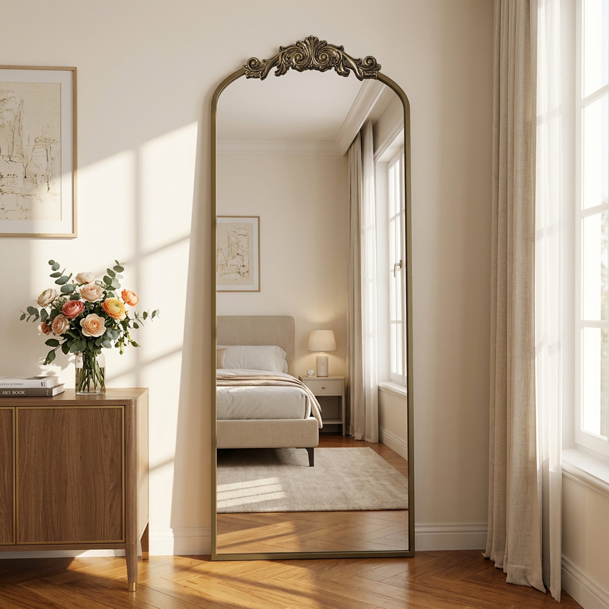 Cuteday Arched Full Length Mirror Metal Vintage Mirror Baroque Style