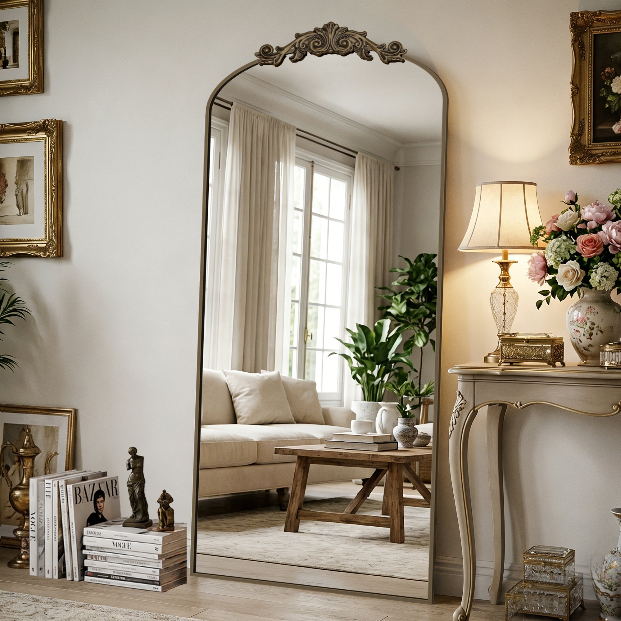 Cuteday Arched Full Length Mirror Metal Vintage Mirror Baroque Style