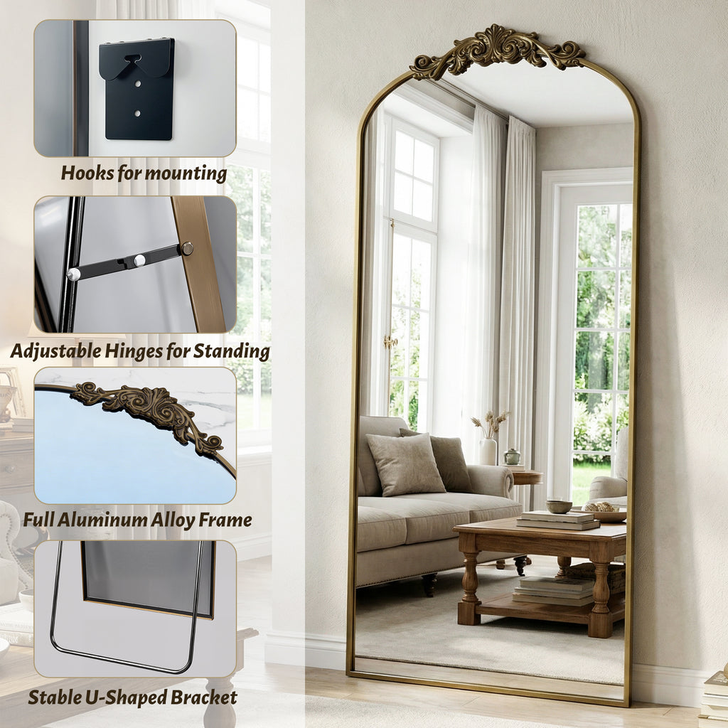Cuteday Arched Full Length Mirror Metal Vintage Mirror Baroque Style