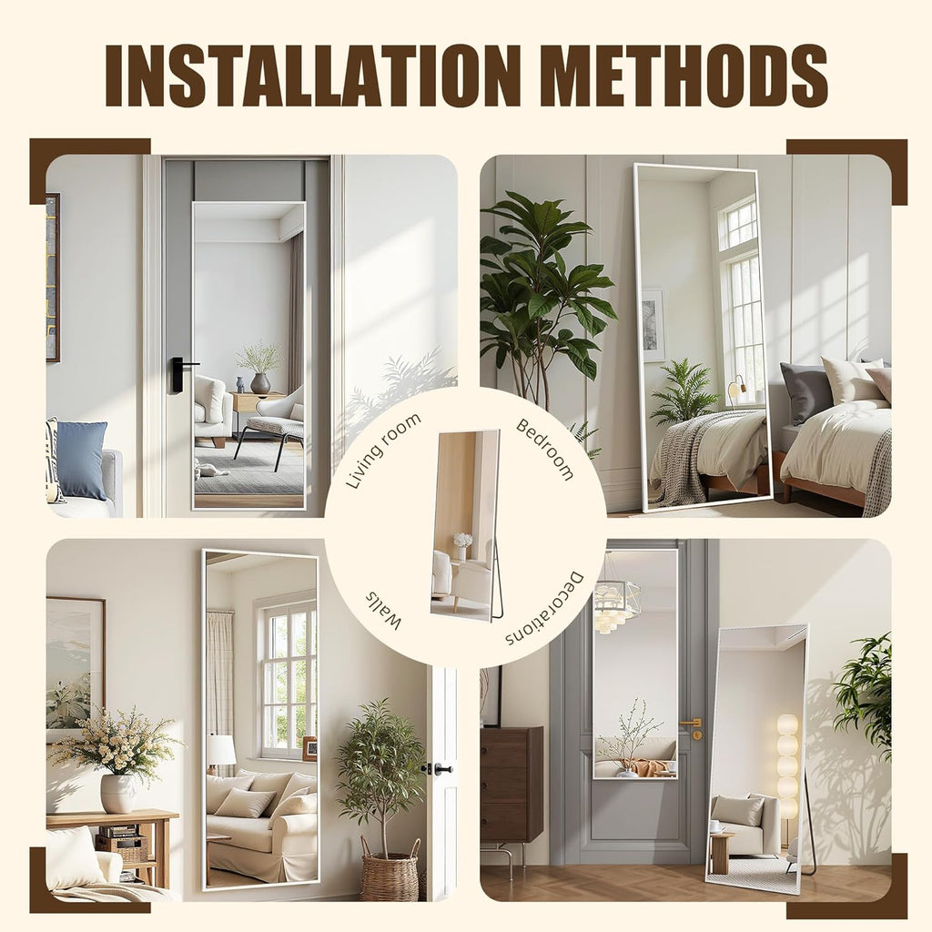 Cuteday Full Length Mirror 48x14 Inch Wall Mounted Shatterproof Aluminum Frame Straight Corner Mirror