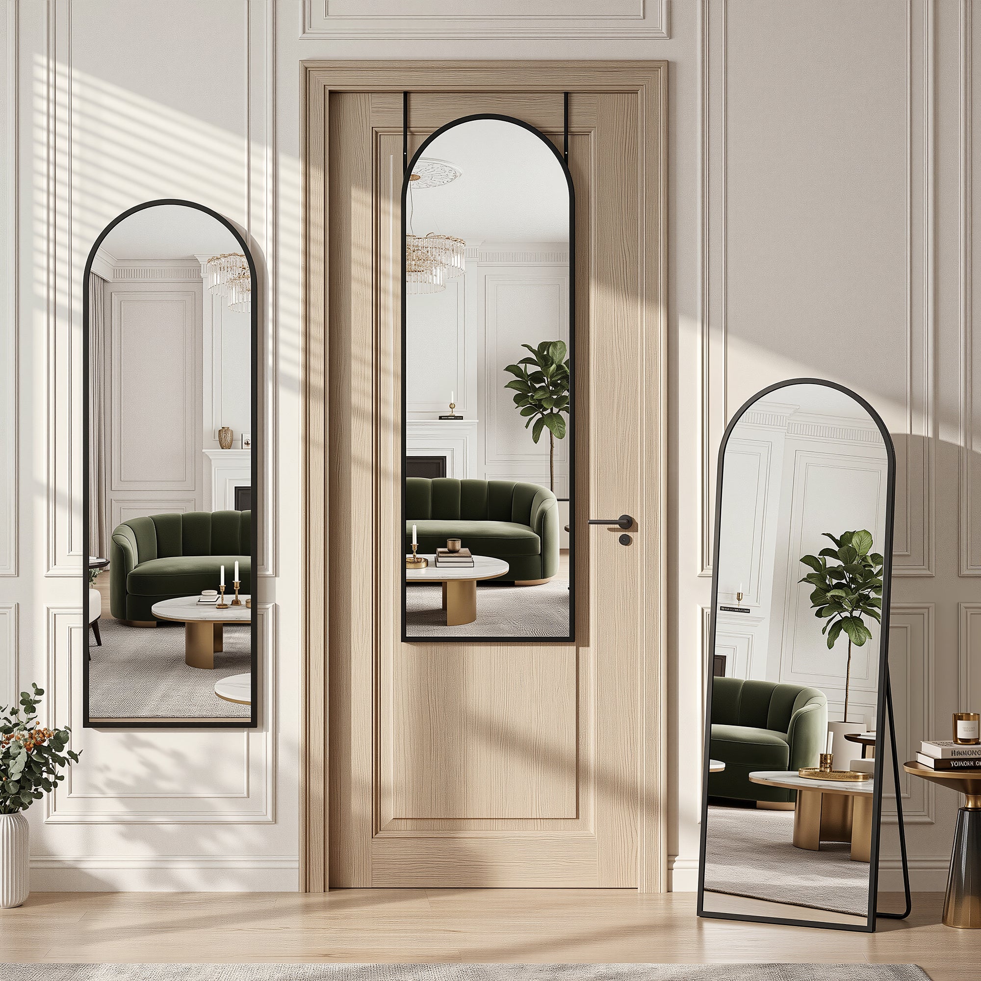 Cuteday 48"x14" Over The Door Mirror Full Length, Floor Free Standing Mirror, Wall Mounted Shatterproof Aluminum Frame Round Corner Mirror,Black