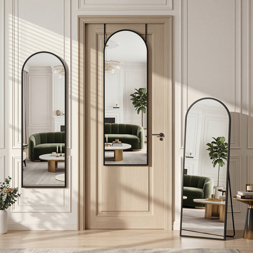 Cuteday 48"x14" Over The Door Mirror Full Length, Floor Free Standing Mirror, Wall Mounted Shatterproof Aluminum Frame Round Corner Mirror,Black