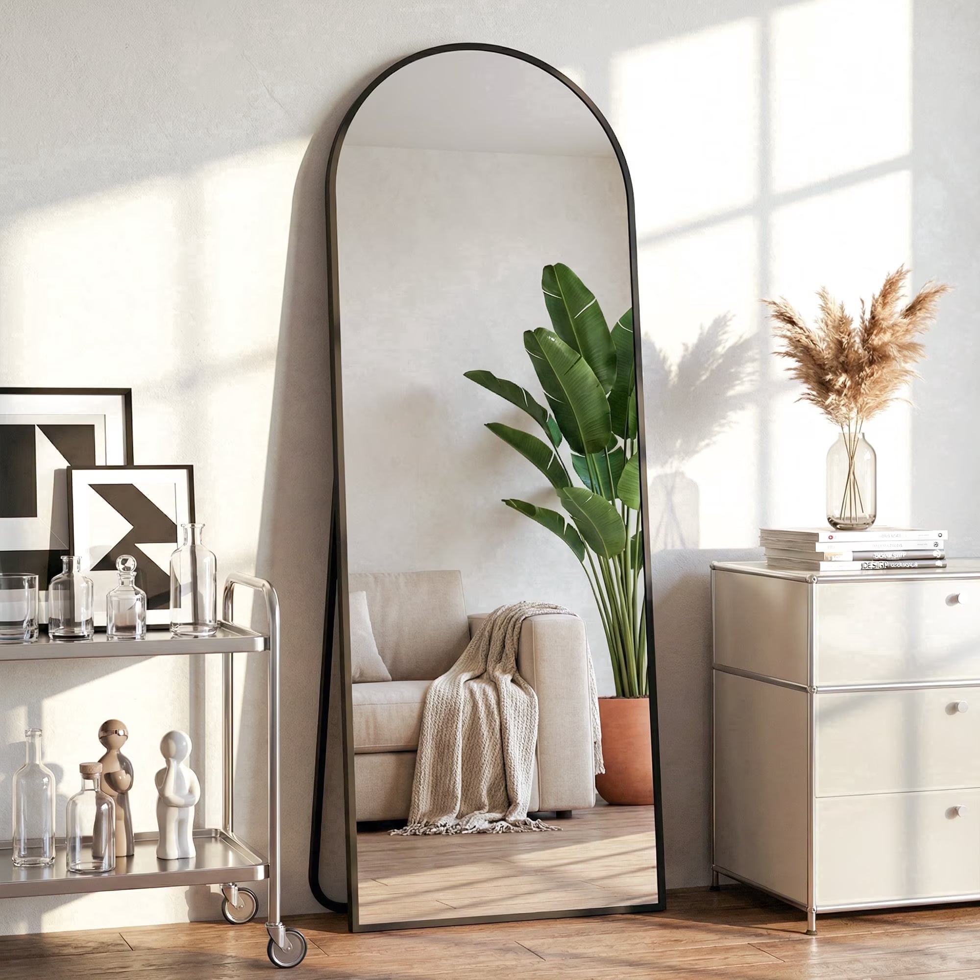 Cuteday Arched Full Length Mirror with Stand, 56"x15" Floor Standing Aluminum Frame for Bedroom Body Hanging Leaning Modern Simple Home Decor