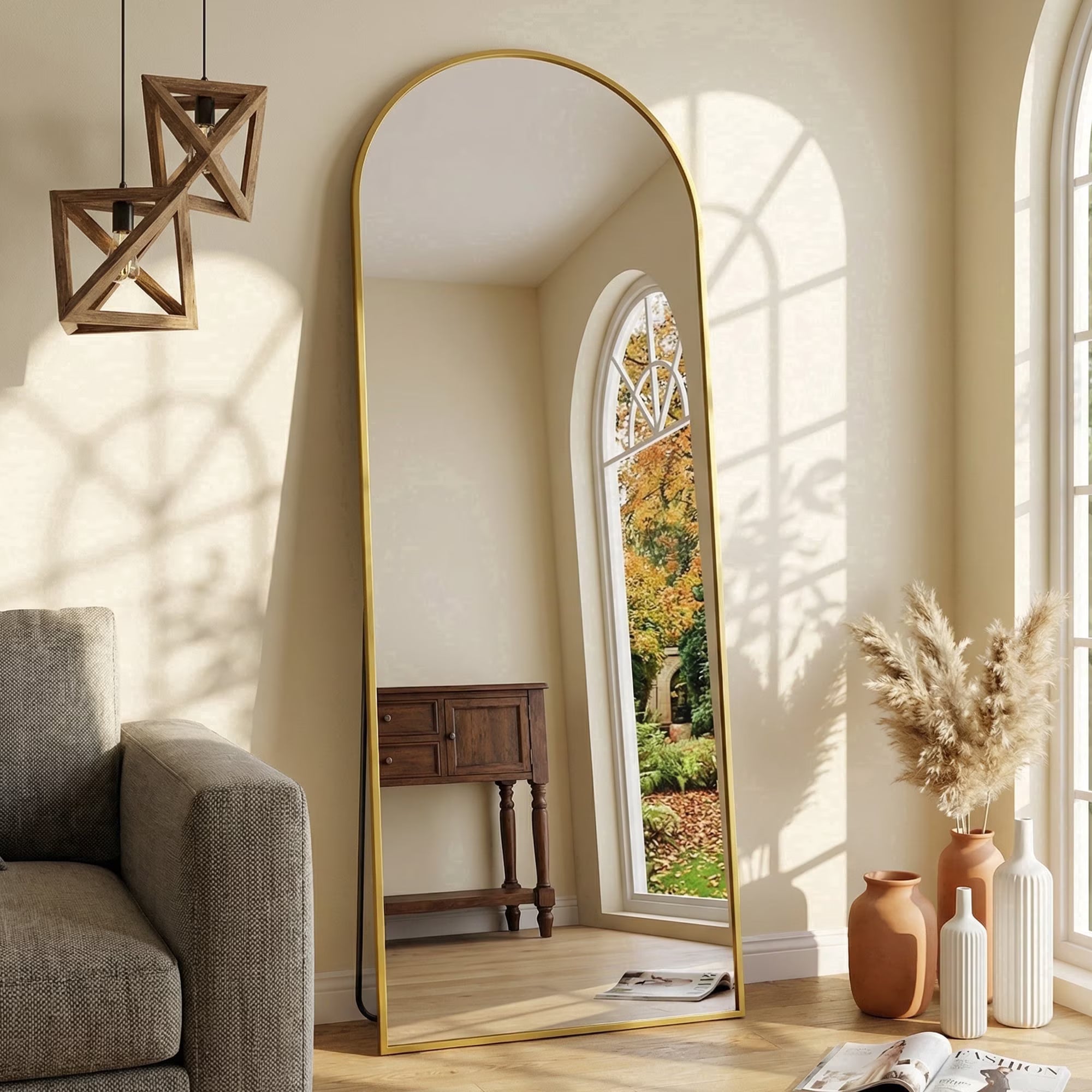 Cuteday Arched Full Length Mirror with Stand, 56"x15" Floor Standing Aluminum Frame for Bedroom Body Hanging Leaning Modern Simple Home Decor