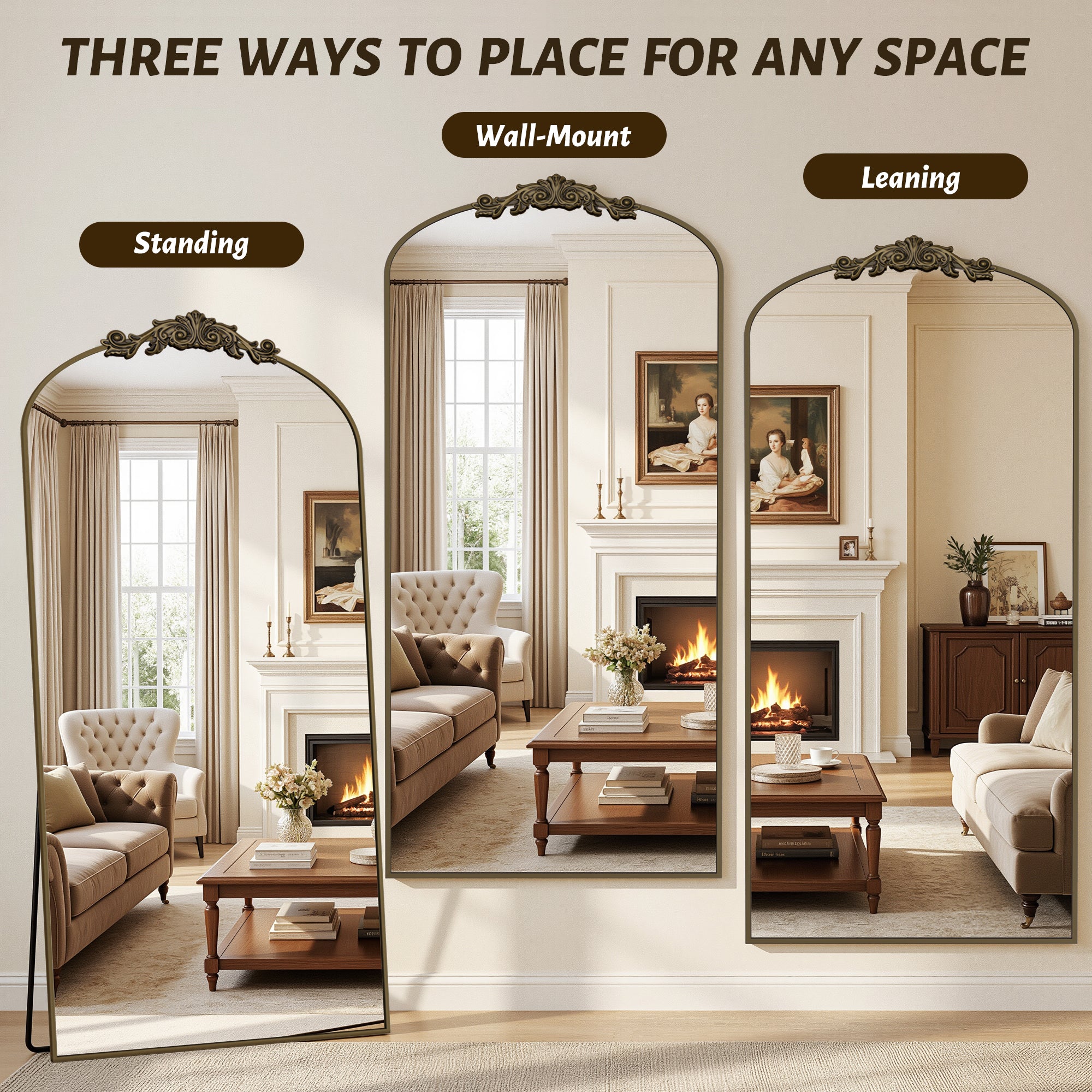 Cuteday Arched Full Length Mirror Metal Vintage Mirror Baroque Style